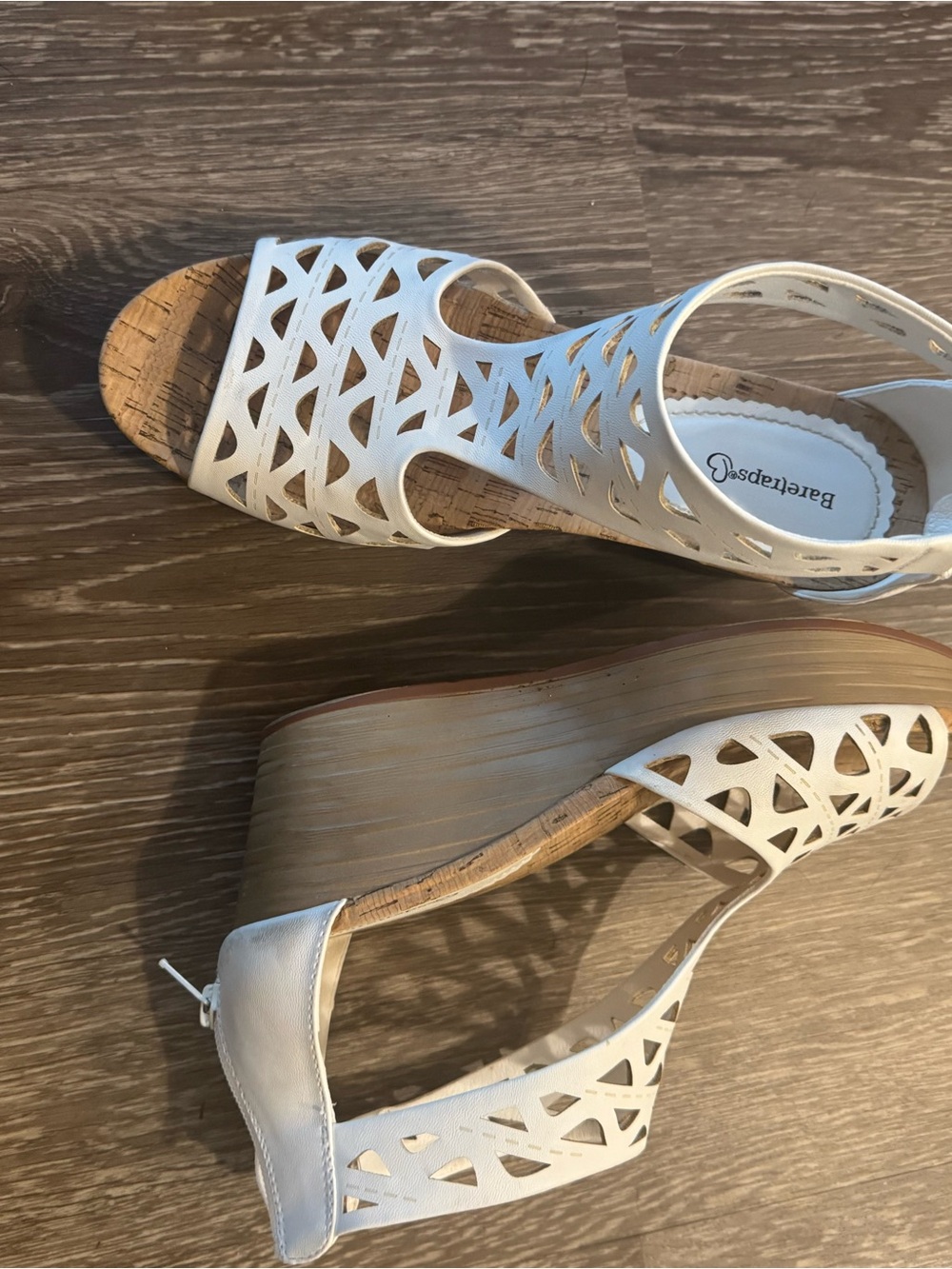 BareTraps White Cutout Cork Wedge Sandals